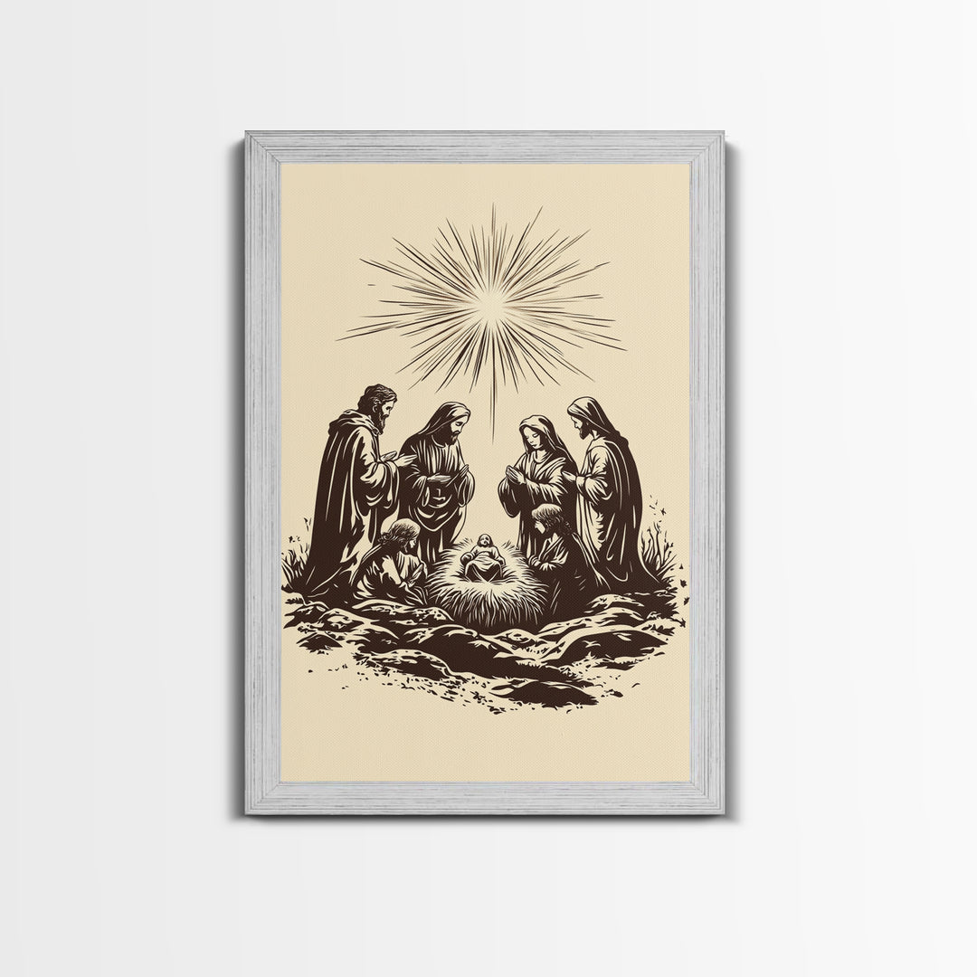 Nativity Scene Canvas Print - Framed Canvas - Minimalist Christmas Art - Boho Christmas Art - Rustic Christmas Art - Nativity Painting
