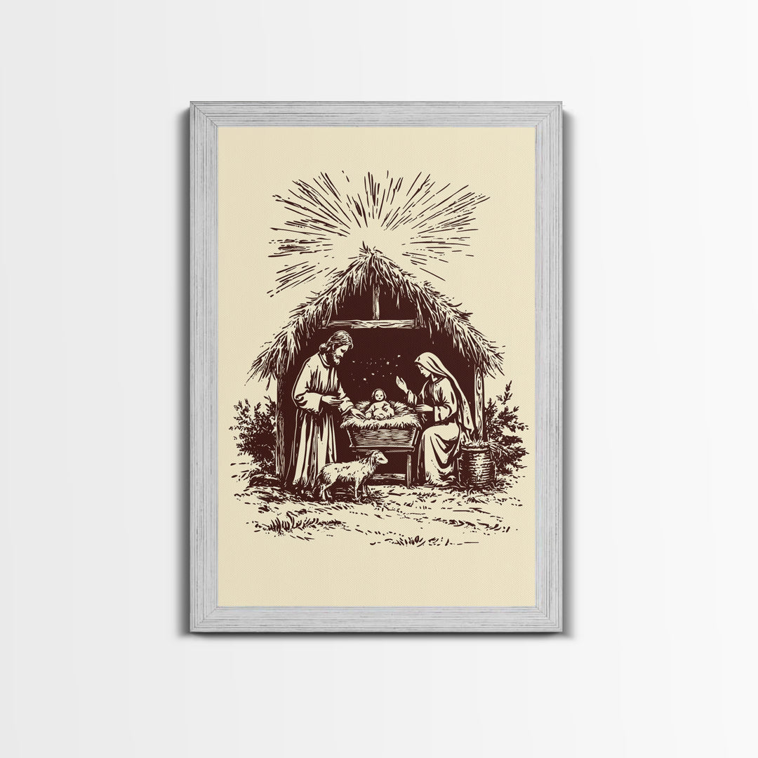 Retro Nativity Scene Canvas Print - Framed Canvas - Minimalist Christmas Art - Boho Christmas Art - Rustic Christmas Art