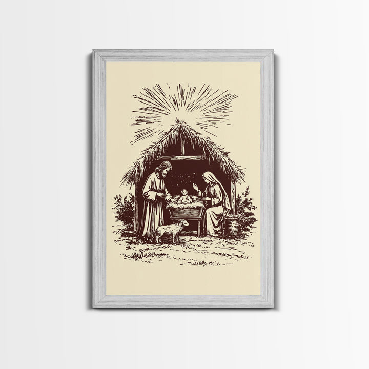 Retro Nativity Scene Canvas Print - Framed Canvas - Minimalist Christmas Art - Boho Christmas Art - Rustic Christmas Art
