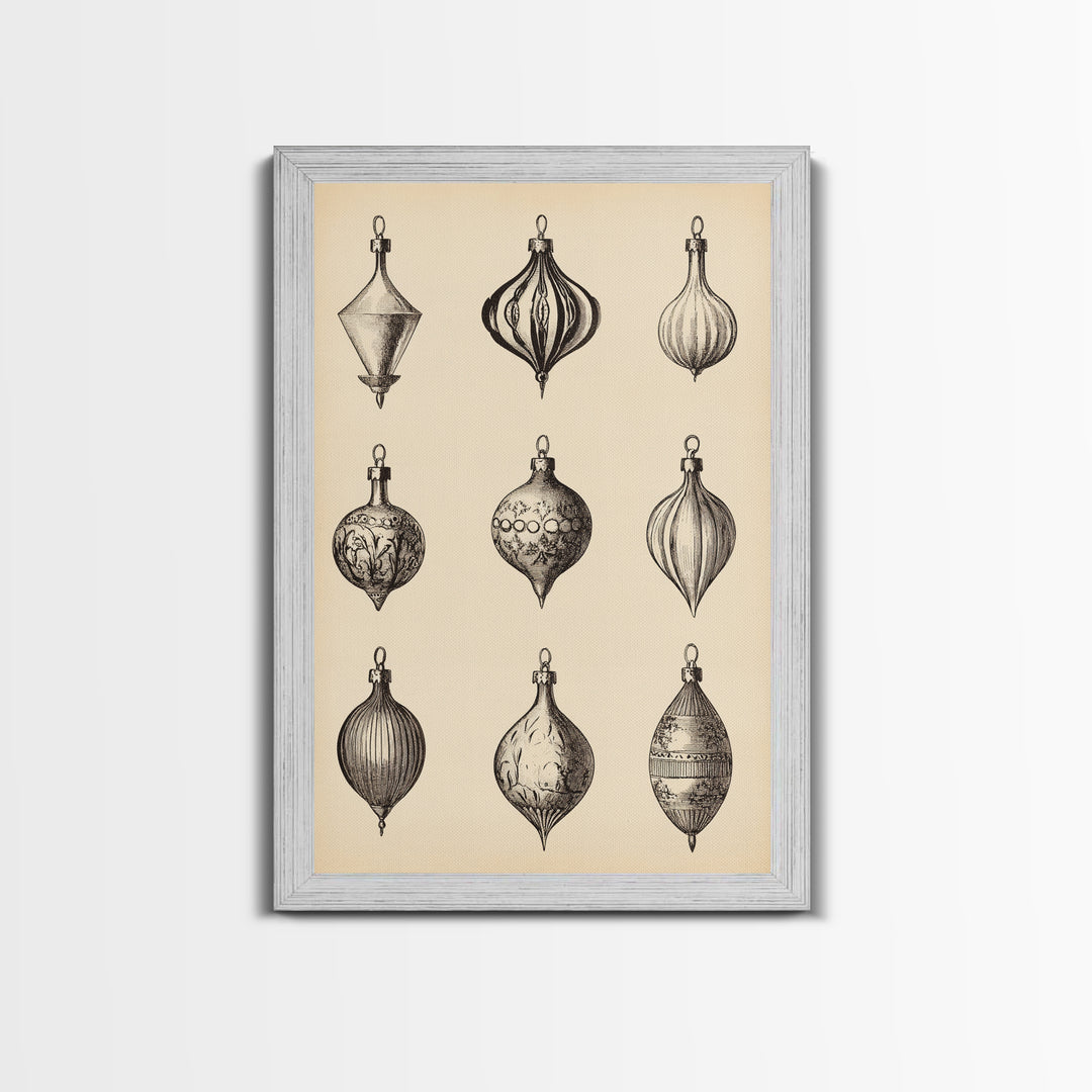 Retro Christmas Ornaments Canvas Print - Framed Canvas - Minimalist Christmas Art - Boho Christmas Art - Rustic Christmas Art