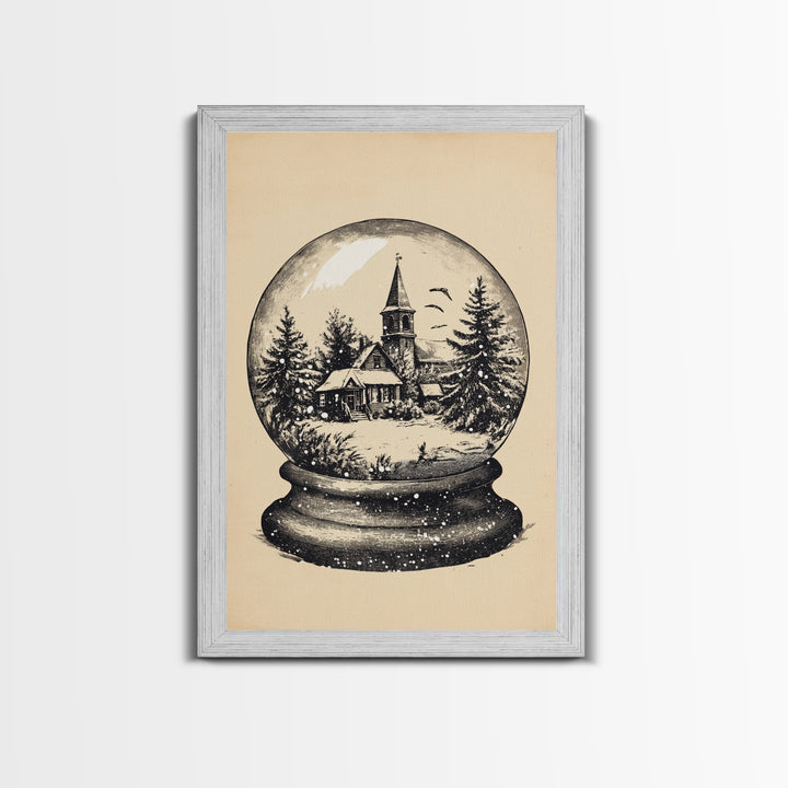 Retro Christmas Snowglobe Canvas Print - Framed Canvas - Minimalist Christmas Art - Boho Christmas Art - Rustic Christmas Art