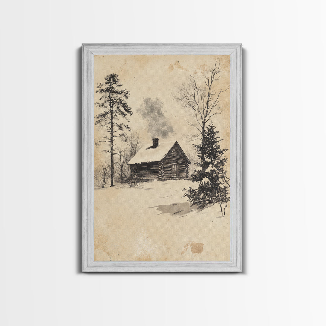 Christmas Cabin Canvas Print - Framed Canvas - Minimalist Christmas Art - Boho Christmas Art - Rustic Christmas Art