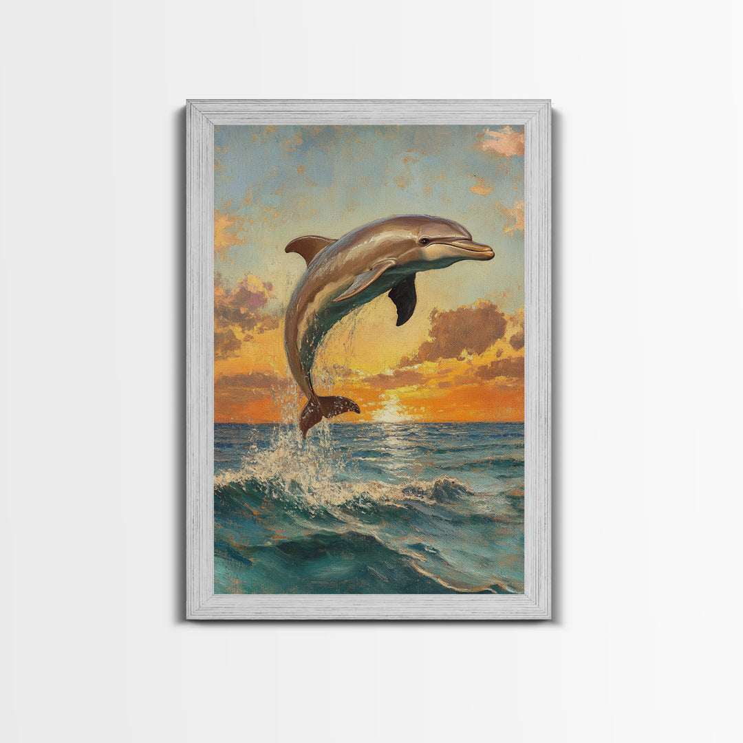 Dolphin Jumping At Sunset, Framed Canvas Print, Dolphin Painting, Dolphin Decor, Dolphin Wall Art