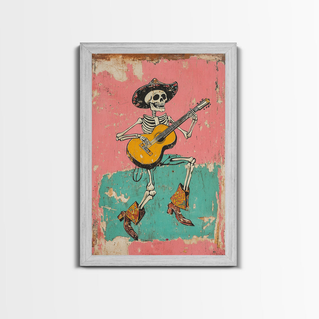 Retro Vaquero Skeleton Art Print, Canvas Art, Chicano Art, Spooky Mexican Art, Sugar Skull Art