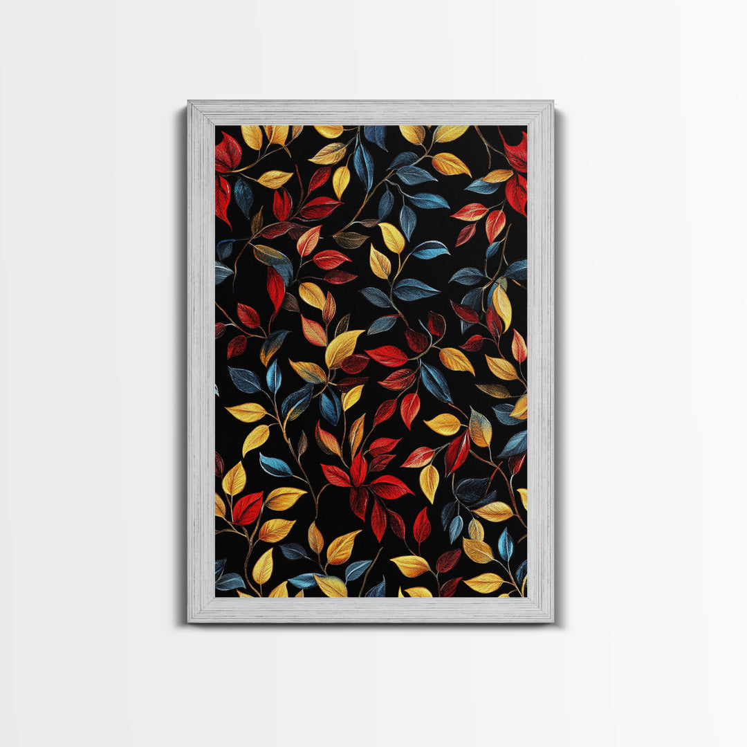 Botanical Fall Leaves Art Print On Canvas with Wood Frame, Black Background, Retro Style Home Decor