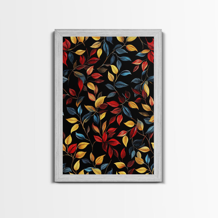 Botanical Fall Leaves Art Print On Canvas with Wood Frame, Black Background, Retro Style Home Decor