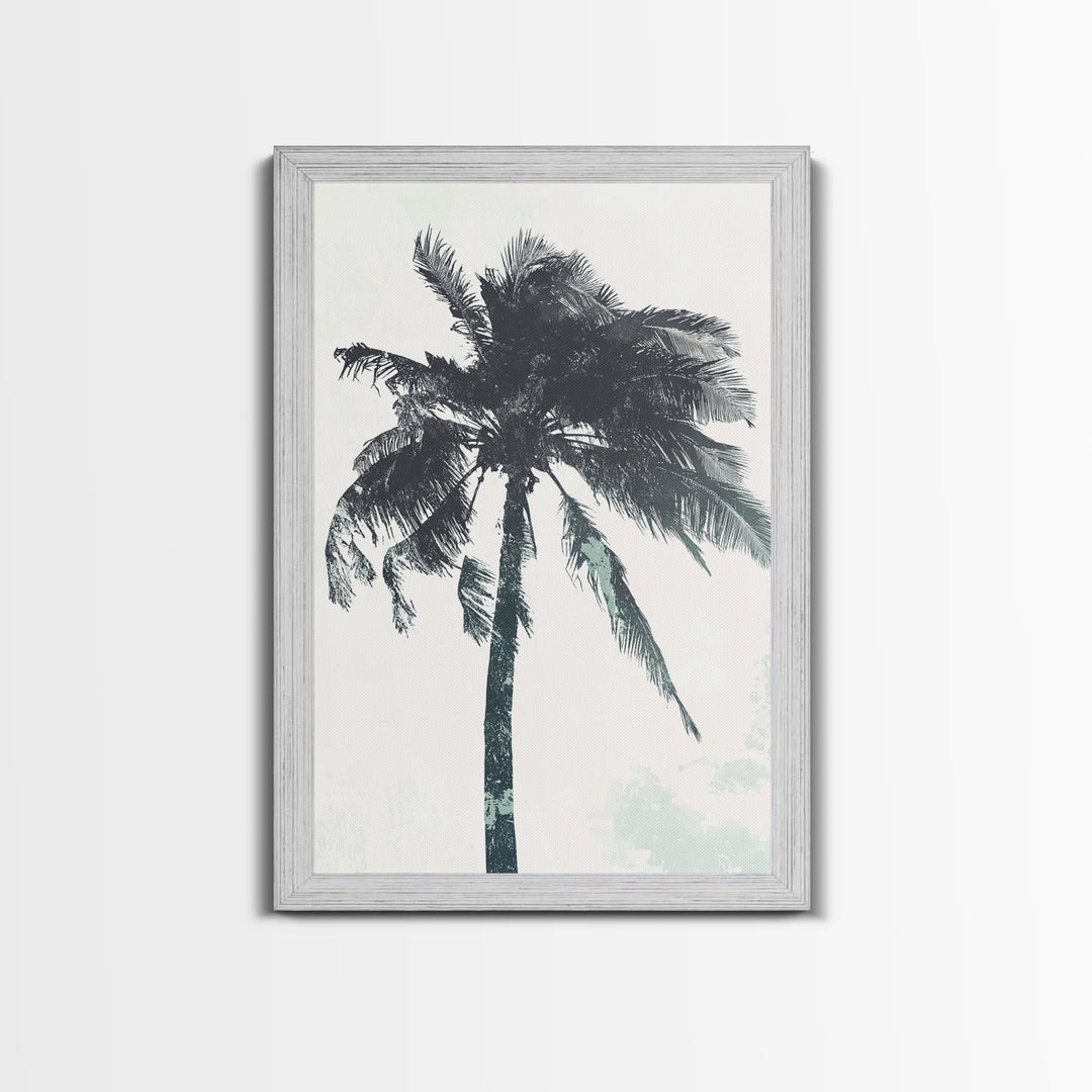 Palm Tree In The Wind, Framed Canvas Print, Wabi Sabi Watercolor Painting of a Palm Tree, Statement Piece Art