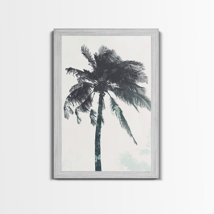 Palm Tree In The Wind, Framed Canvas Print, Wabi Sabi Watercolor Painting of a Palm Tree, Statement Piece Art