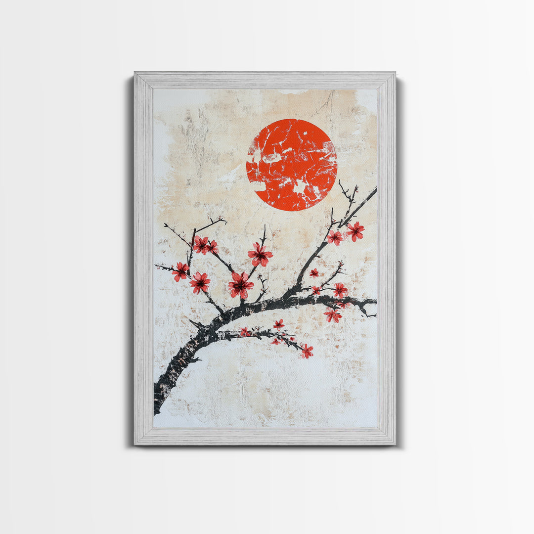 Cherry Blossoms and Sunset Framed Canvas Print - Minimalist Wabi Sabi Wall Art - Cherry Blossoms Painting - Home Decor - Japanese Style Art