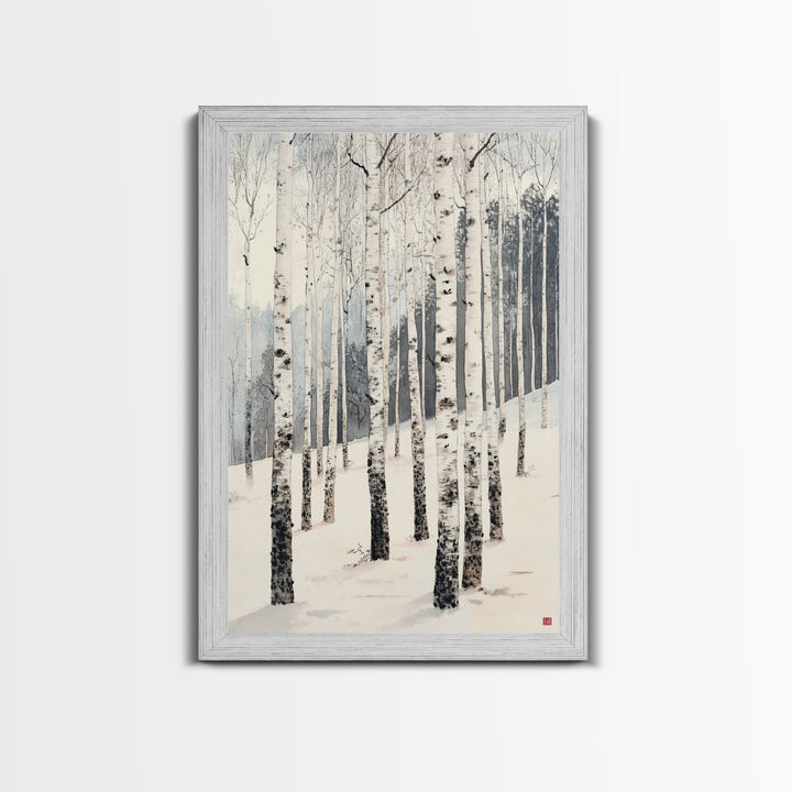 Winter Birch Tree Forest Framed Canvas Print, White Birch Trees In Winter Forest Landscape Art Print Minimalist Living Room Nature Wall Art