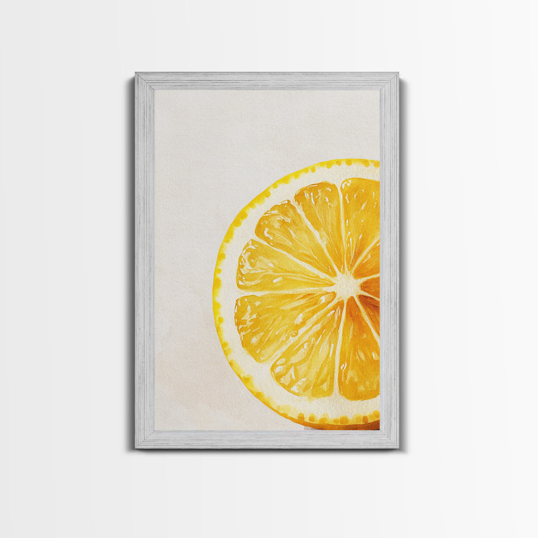 Closeup of a Lemon Wedge Framed Canvas Print, Original Still Life Painting of a Lemon, Housewarming Gift, Kitchen Food Wall Art, Kitchen Decor