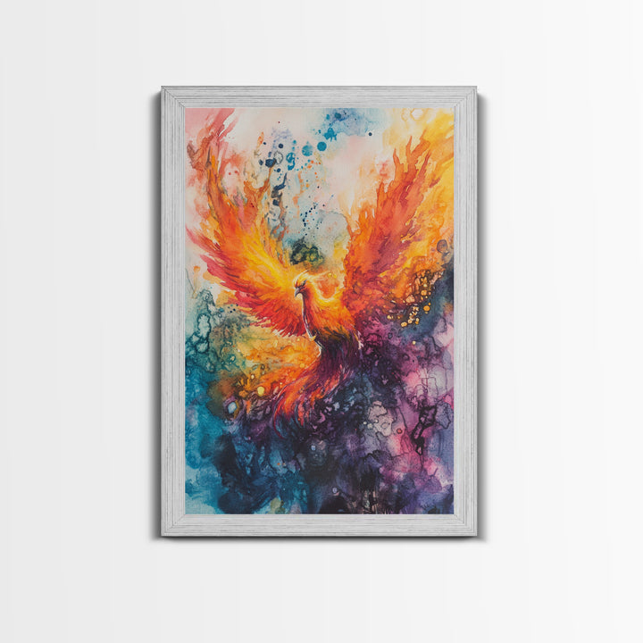 Rising Phoenix Canvas Print Wall Art - Majestric Watercolor Painting On Vertical Canvas, Framed and Ready To Hang, Hardware Included