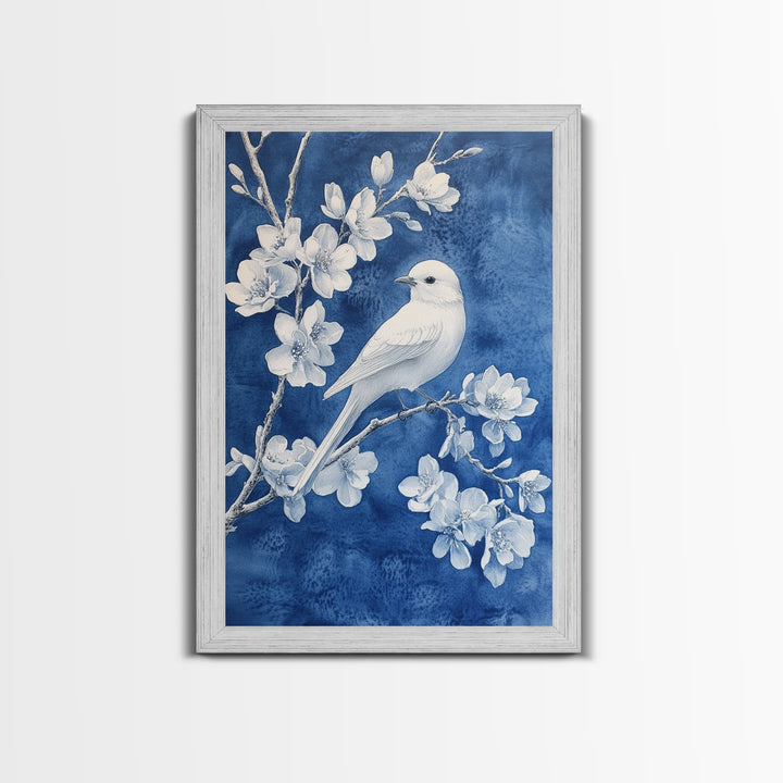 Blue Botanial Wall Art Chinoiserie Wall Art, White Bird, Blue Chinoiserie Home Decor, Botanical Print, Bird Painting, Framed Canvas Print