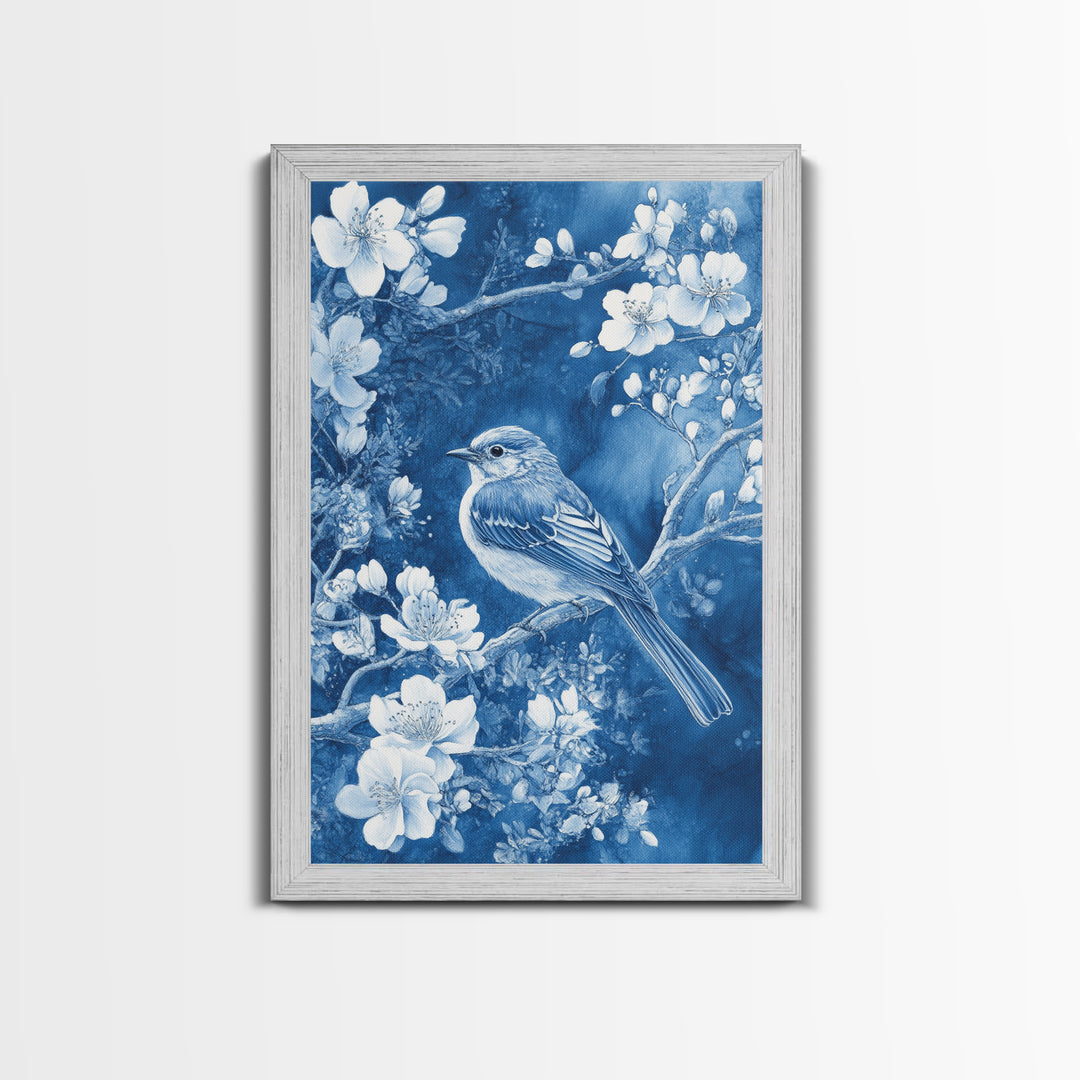Blue Botanial Wall Art Chinoiserie Wall Art, White Bird, Blue Chinoiserie Home Decor, Botanical Print, Bird Painting, Ready To Hang