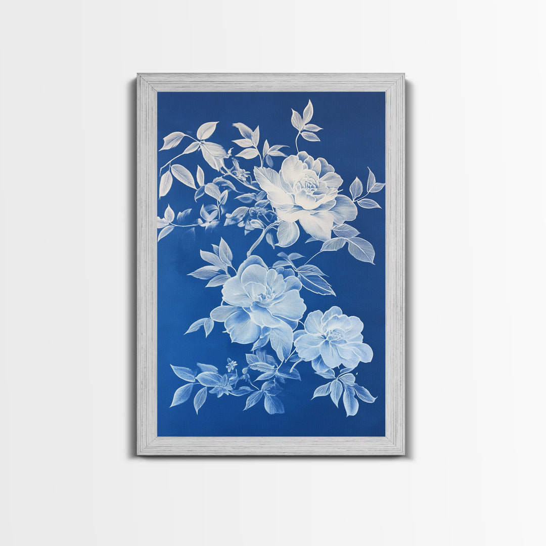 Blue Botanical Wall Art Chinoiserie Wall Art, Wall Decor Minimalist Wall Art, Blue Roses, Botanical Print Wall Art