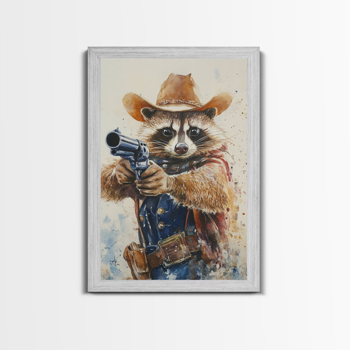 Rootin' Tootin' Racoon Cowboy, Framed Canvas Print, Ready to Hang, Racoon Painting
