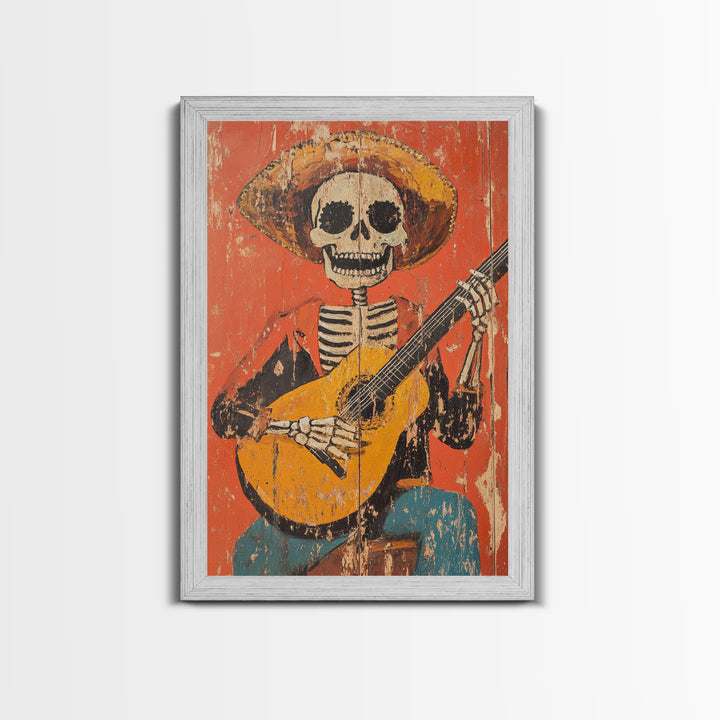 Arte Mexicano - Framed Canvas Print - Chicano Art - Skeleton Vaquero playing a guitarra, Mexican Inspired Wall Art, Southwestern Art