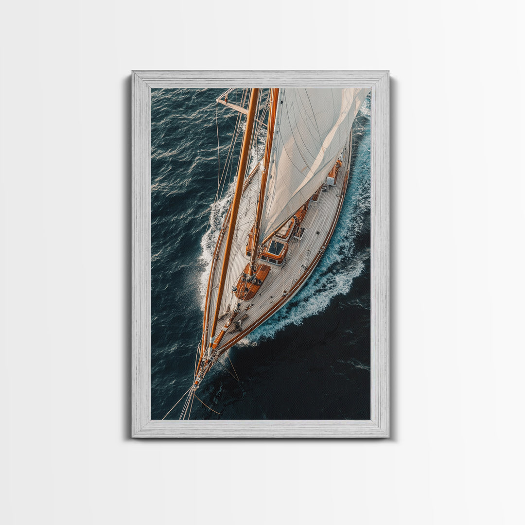 Bird's Eye View Of A Sailboat, Framed Canvas Print, Sail Boat Photography Print, Sailboat Painting, Nautical Decor, Nautical Wall Art
