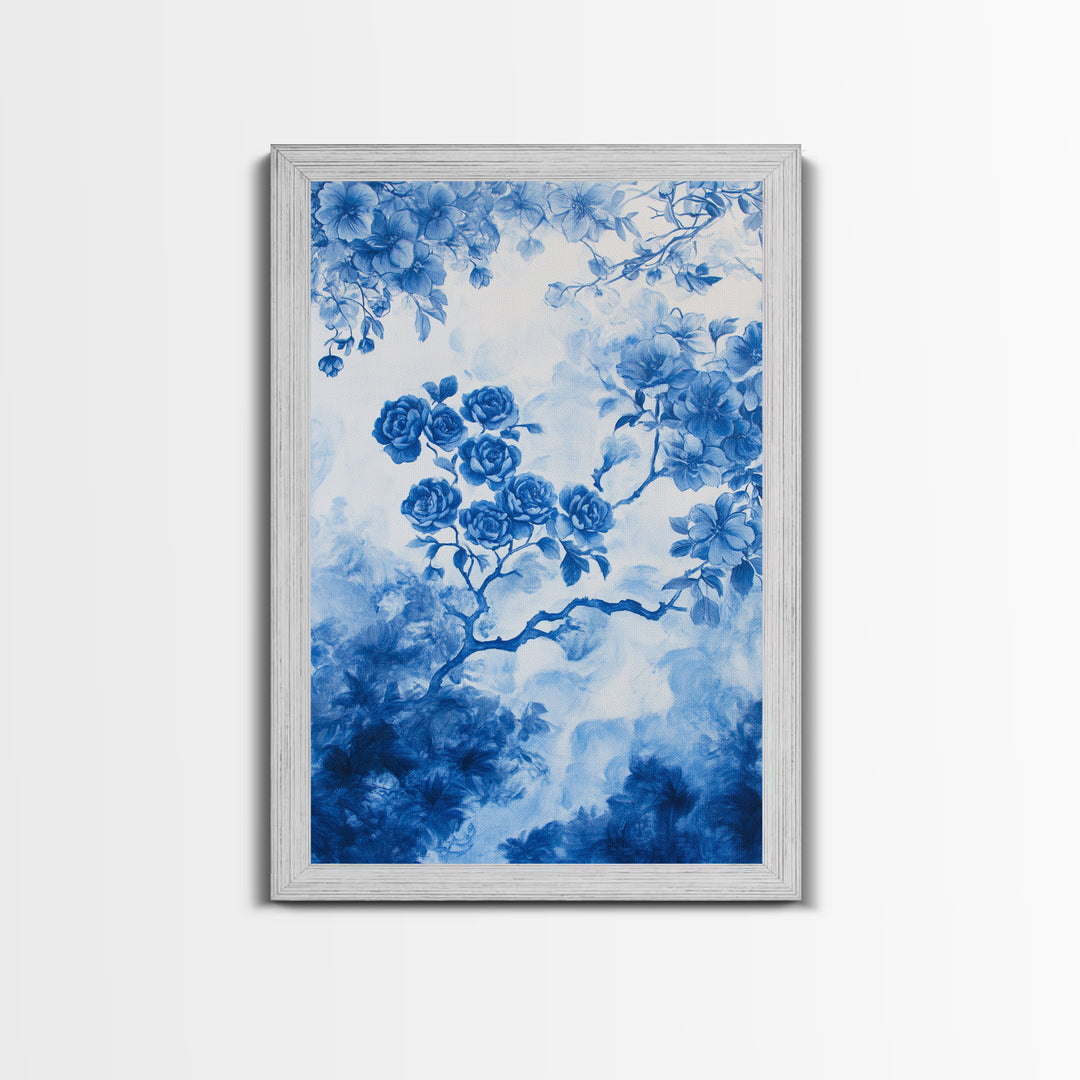 Blue Roses Chinoiserie Style Painting Print, Living Room Decor, Chinoiserie Wall Art, Chinoiserie Decor, Living Room Wall Art