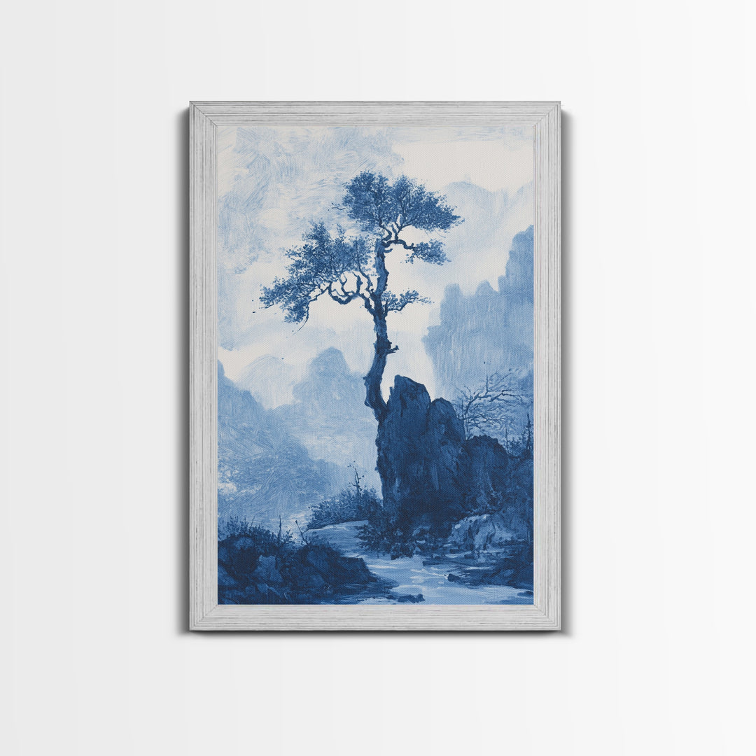 Chinoiserie Wall Art, Chinoiserie Style Canvas Print, Chinoiserie Blue Painting, Retro Boho Style Minimalist Wall Art, Blue Painting