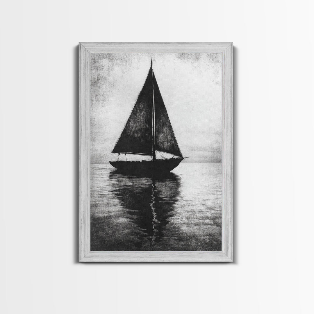Charcoal Sketch of a Sailboat, Framed Canvas Print, Sailboat Painting, Minimalist Home Decor, Nautical Decor, Black and White Sailboat Art
