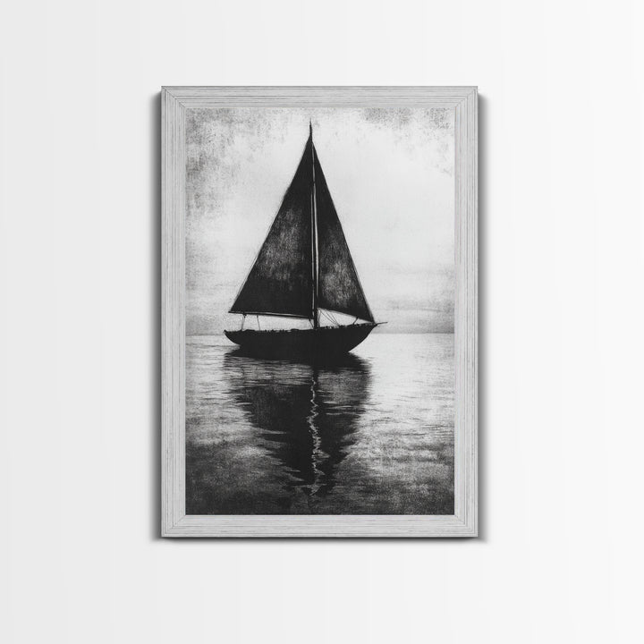 Charcoal Sketch of a Sailboat, Framed Canvas Print, Sailboat Painting, Minimalist Home Decor, Nautical Decor, Black and White Sailboat Art