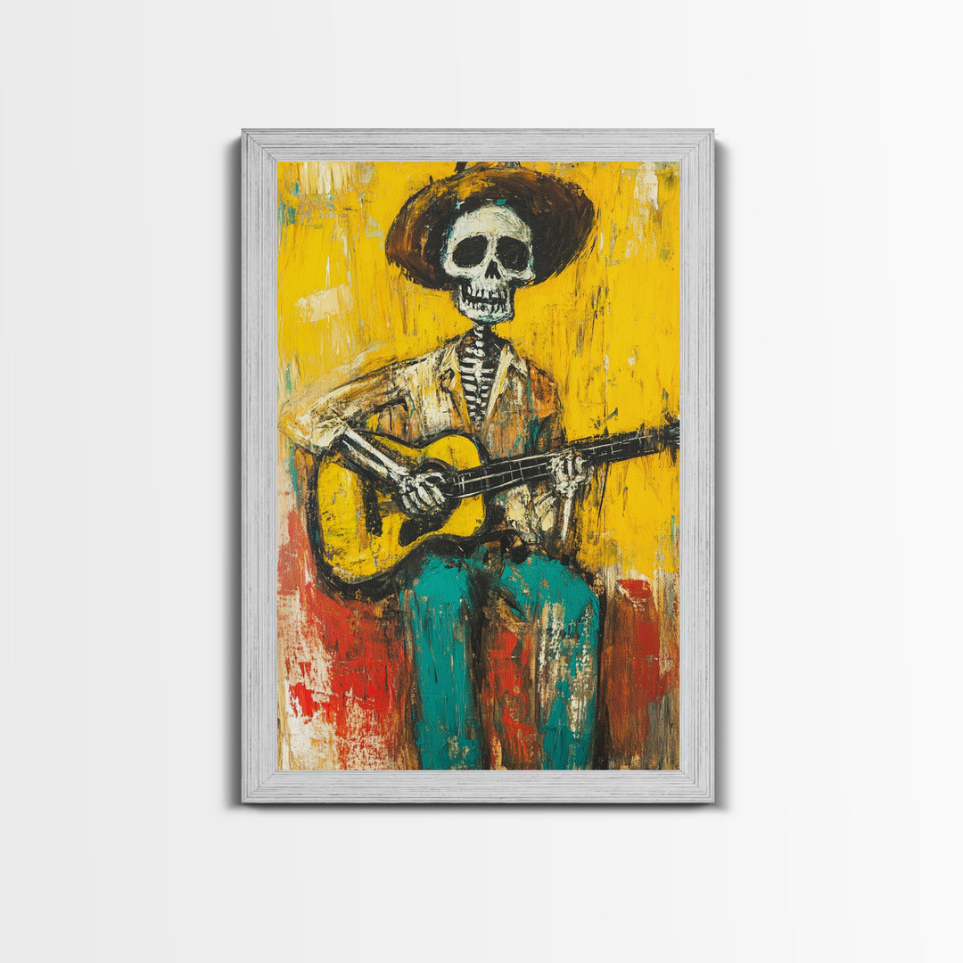 Chicano Canvas Print Of a Cowboy Skeleton Guitarist, Mexicano Art, Chicano Art, Original Artwork, Vaquero Art