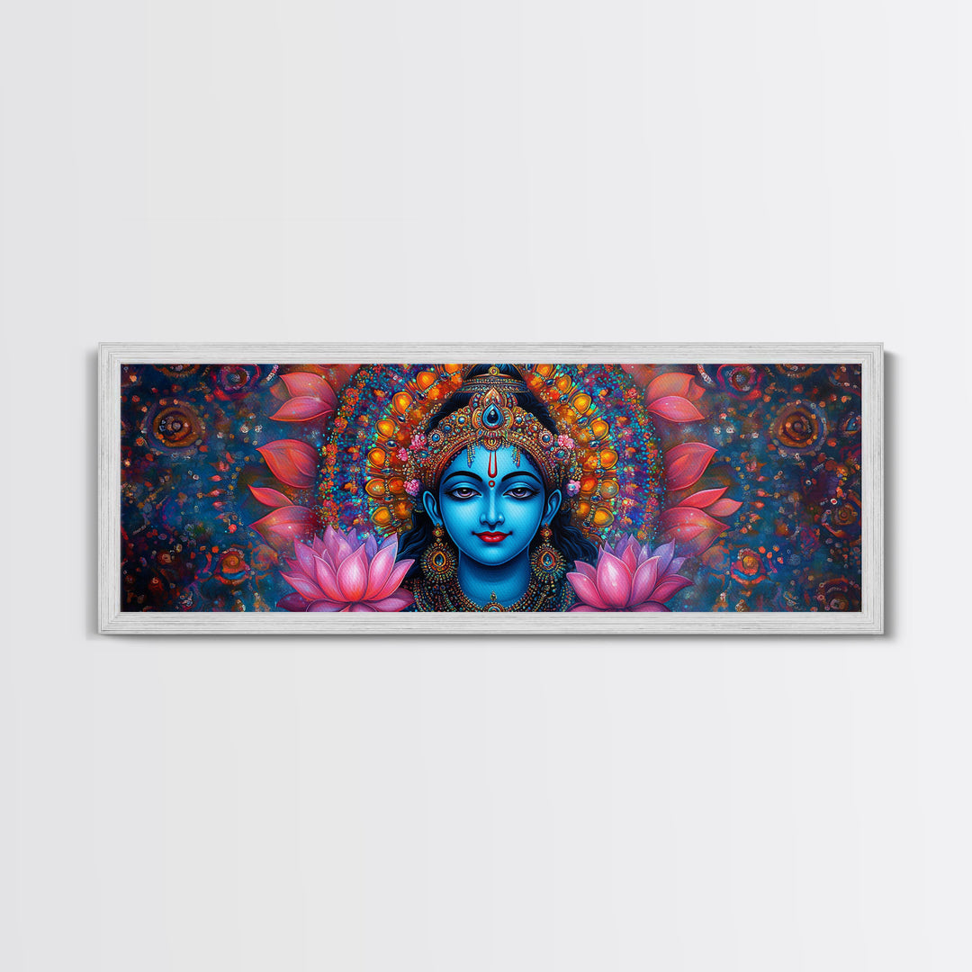 Krishna Painting Print, Ready To Hang Canvas Wall Art, Radha Krishna Art, Panoramic Art, Extra Wide Horizontal Art, Hinduism Wall Art