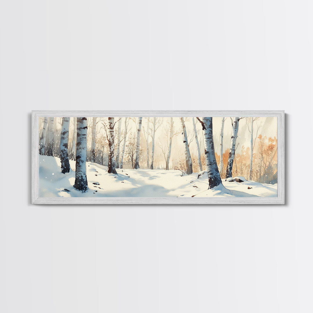 Birch Tree Forest In The Snow Covered Winter Framed Canvas Print, Panoramic Wall Art, Original Birch Tree Art, Birch Tree Painting, Horizontal Art
