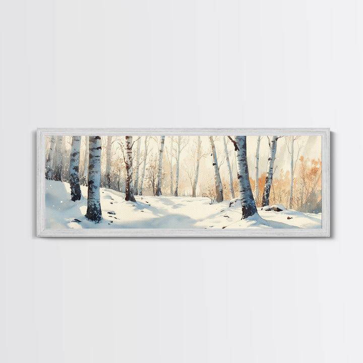 Birch Tree Forest In The Snow Covered Winter Framed Canvas Print, Panoramic Wall Art, Original Birch Tree Art, Birch Tree Painting, Horizontal Art