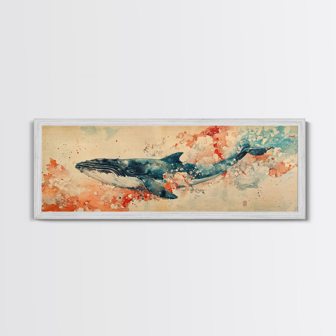Panoramic Whale Painting Print | Wabi Sabi Home Decor | Japanese Style Art | Modern Living Room Art | Above Sofa Decor | Whale Wall Art