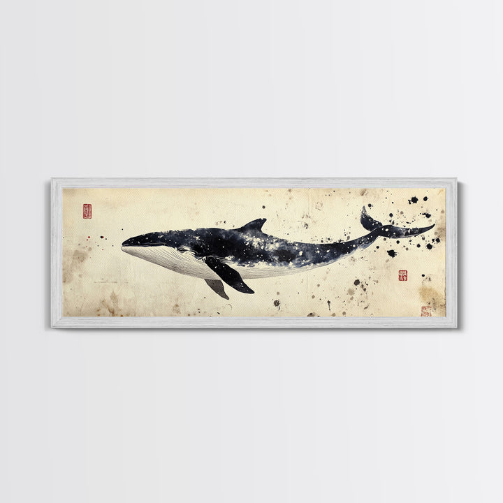 Whale Art Wabi Sabi Panoramic Oil Painting Print, Japanese Style Wall Art - Whale Decor - Whale Art Print - Living Room Decor - Minimalist