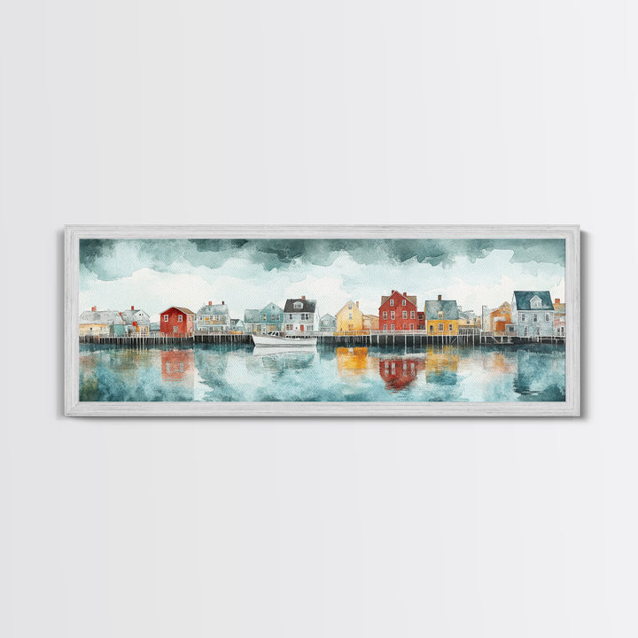 Panoramic Painting Print of Nantucket, Framed Canvas Print, Nantucket Painting, nautical seascape landscape painting, Nautical Decor