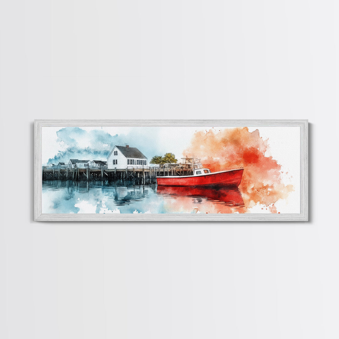 Panoramic Nautical Seacape Painting, Framed Canvas Print - Nantucket Wall Art - Beach House Art - Painting of Nantucket