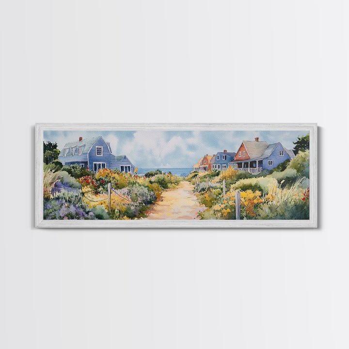 Panoramic Painting Print of Nantucket, Framed Canvas, Nautical Wall Art, Seascape landscape painting, Horizontal Nantucket Wall Art