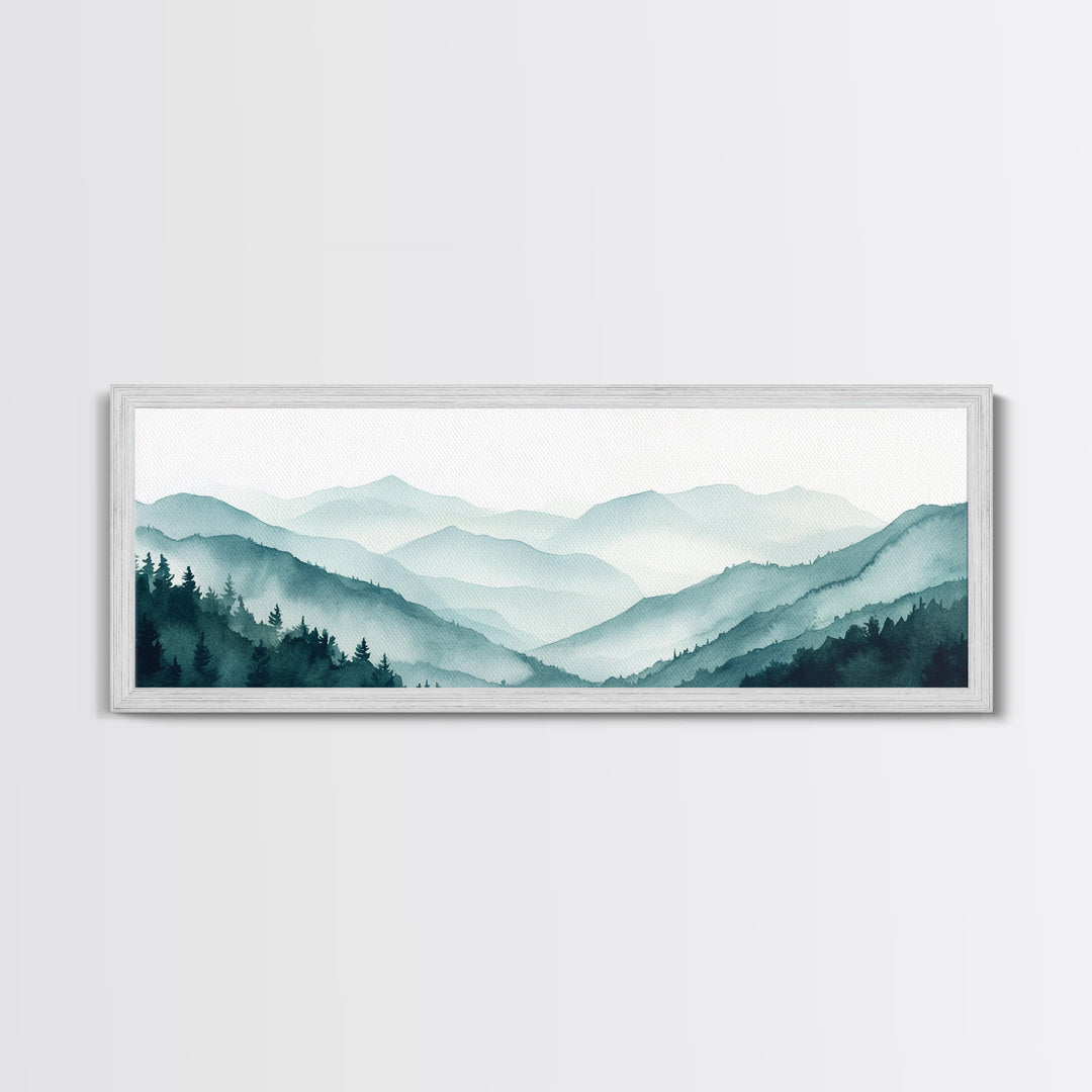 Indigo and Emerald Green Blue Ridge Mountains, Framed Canvas Print, Panoramic Home Decor, Horizontal Art, Mountain Landscape Painting