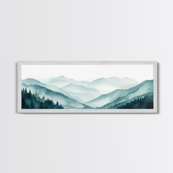Indigo and Emerald Green Blue Ridge Mountains, Framed Canvas Print, Panoramic Home Decor, Horizontal Art, Mountain Landscape Painting