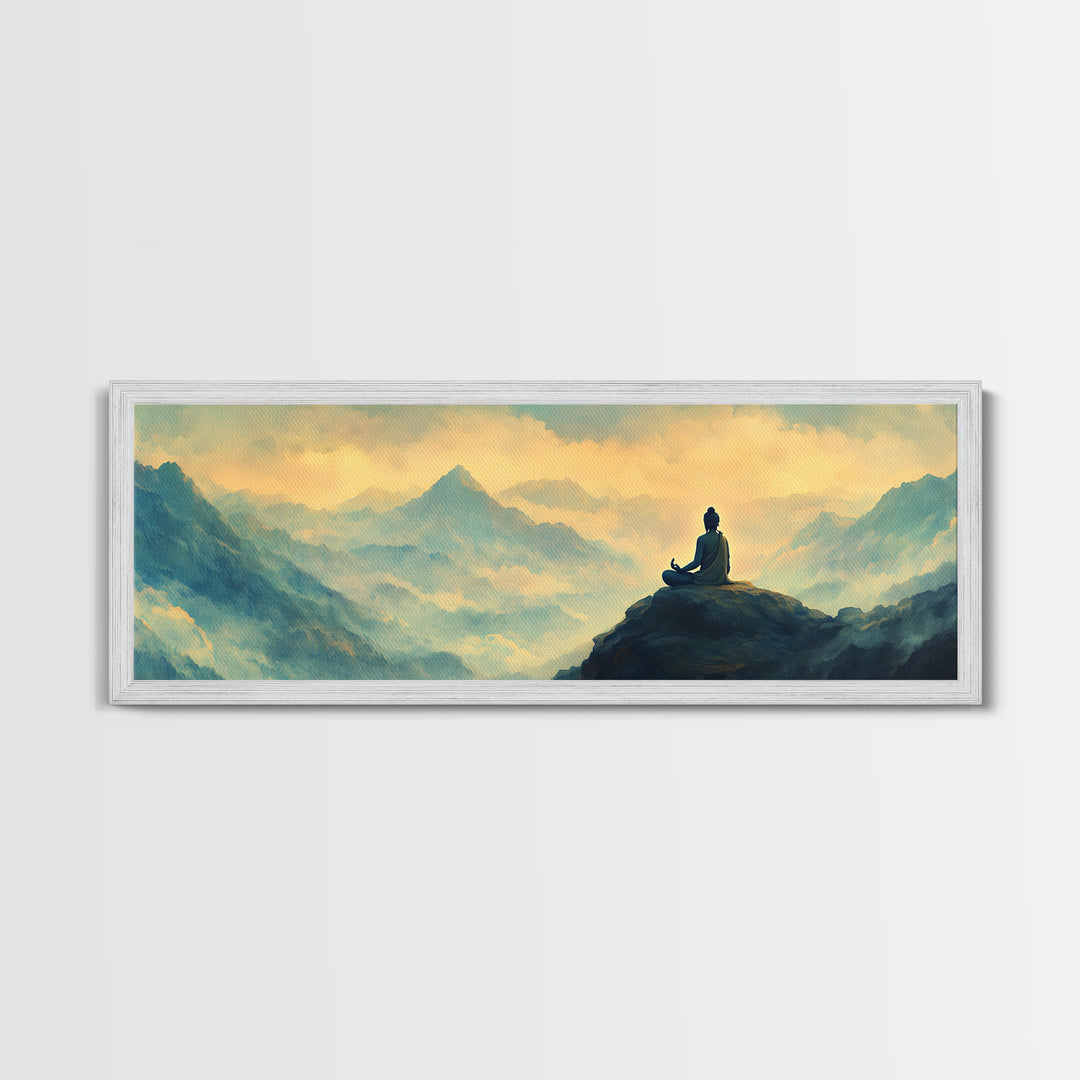 Buddha Meditating On The Mountain Framed Canvas Print, Zen Wall Art, Meditation Room Decor, Yoga Studio Decor, Panoramic Buddha Painting
