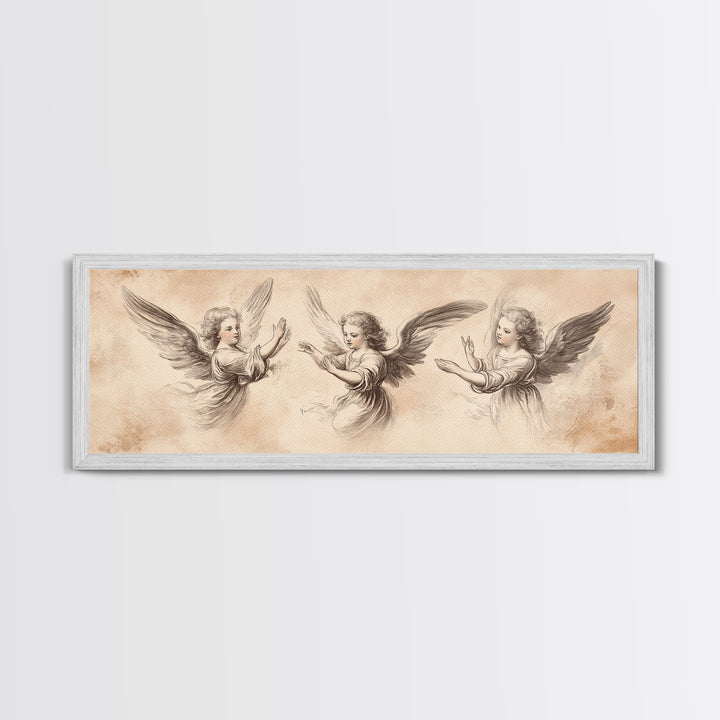 Painting of 3 Angels Canvas Print, Guardian Angels Wall Art, Angel Sketch, Angel Painting, Angelic Home Decor, Extra Wide Wall Art