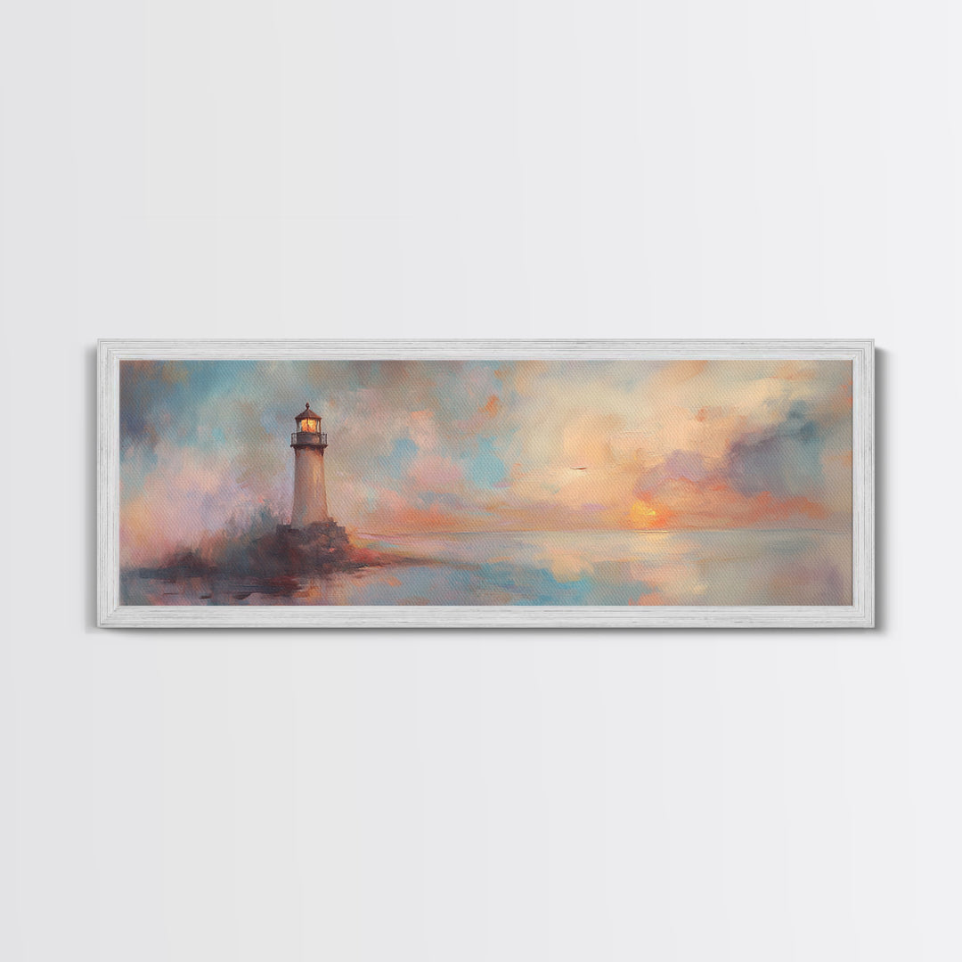 Nautical Home Decor, Whimsical Lighthouse Panoramic Painting Canvas Print, Seascape Painting, Light House Wall Art, Lighthouse Print