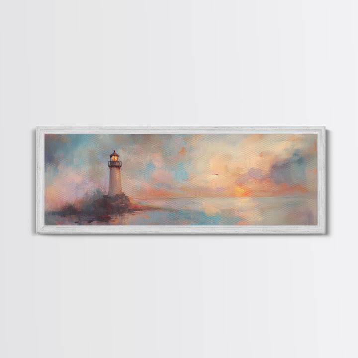 Nautical Home Decor, Whimsical Lighthouse Panoramic Painting Canvas Print, Seascape Painting, Light House Wall Art, Lighthouse Print
