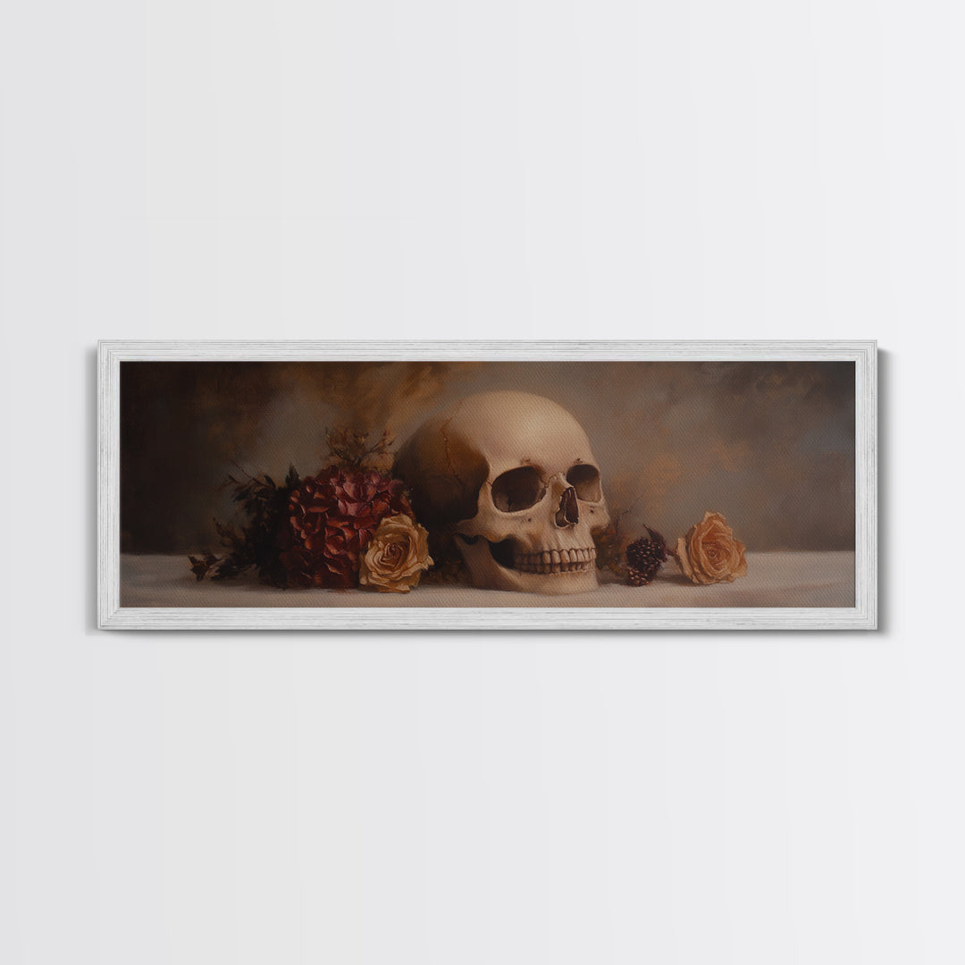 Dark Academia Oil Painting Print Stil Life of a Skull and Flowers, Gothic Home Decor, Goth Art, Witchy Decor, Halloween Art, Moody Decor