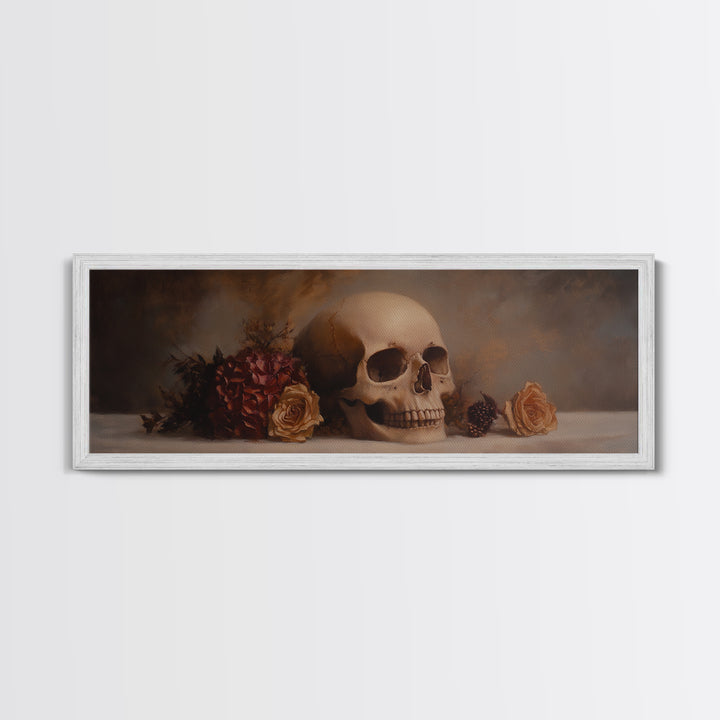 Dark Academia Oil Painting Print Stil Life of a Skull and Flowers, Gothic Home Decor, Goth Art, Witchy Decor, Halloween Art, Moody Decor