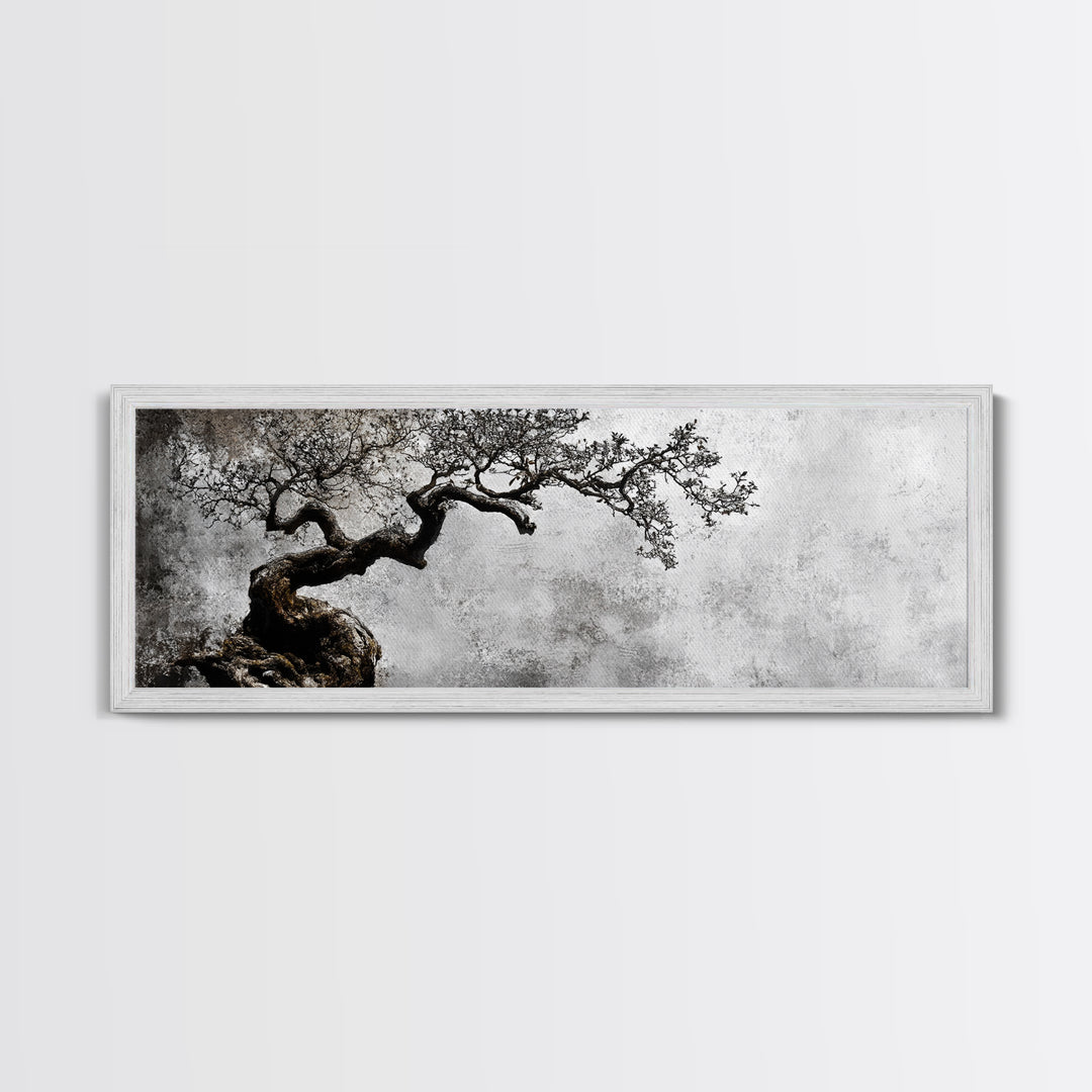 Black and White Bonzai Tree Framed Canvas Print, Wabi Sabi Japanese Style Home Decor, Minimalist Art, Moody Decor, Moody Art
