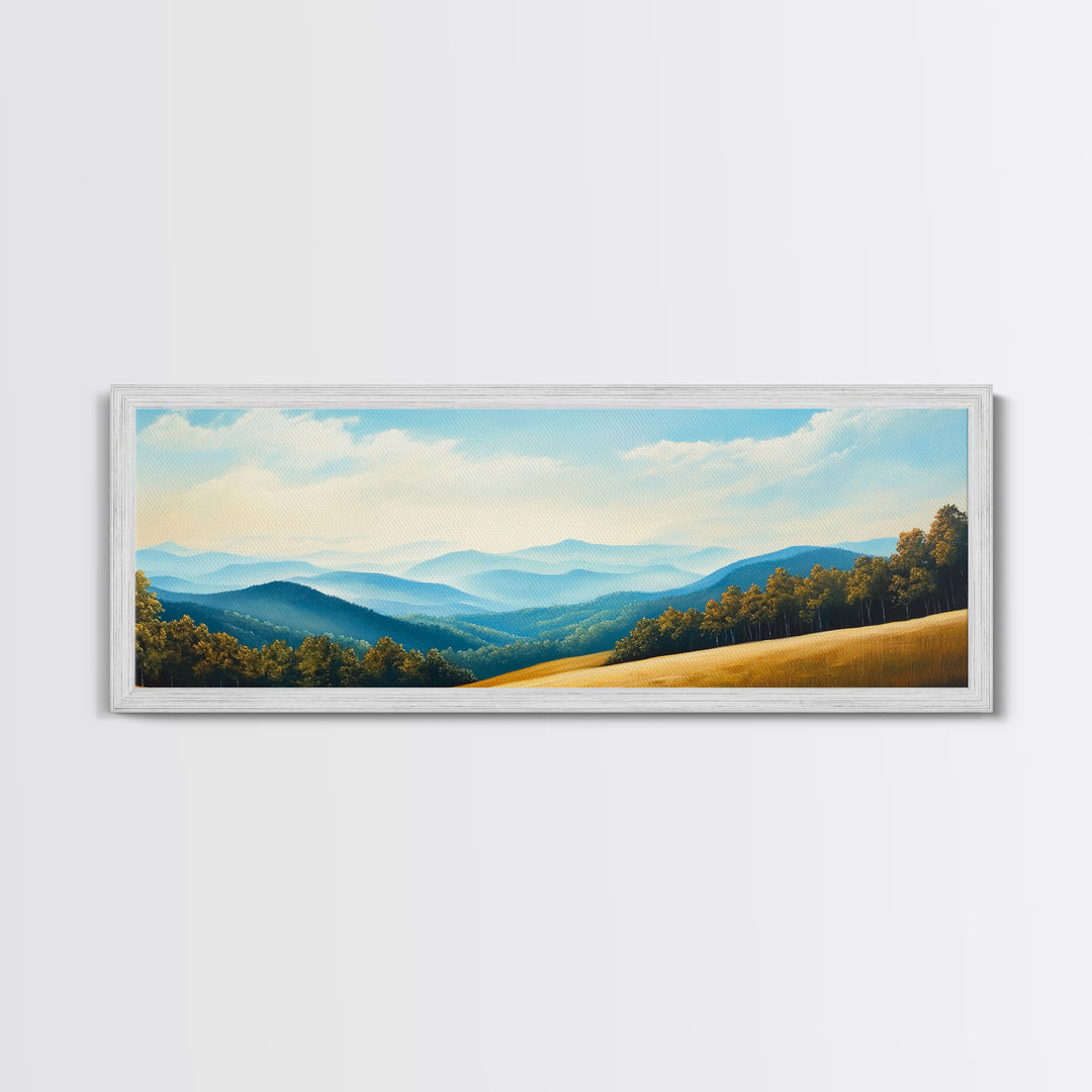 Blueridge Mountains Framed Canvas Print, Blue Ridge Mountains Painting, Panoramic Landscape Painting, Horizontal Wall Decor