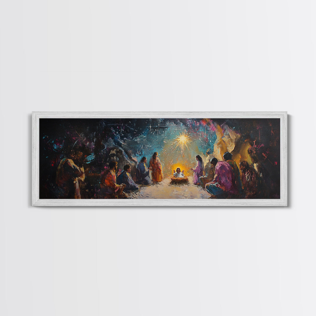 Panoramic Nativity Painting Print, Christmas Decor, Canvas Print, Retro Nativity Scene Oil Painting, Modern Art For Christmas