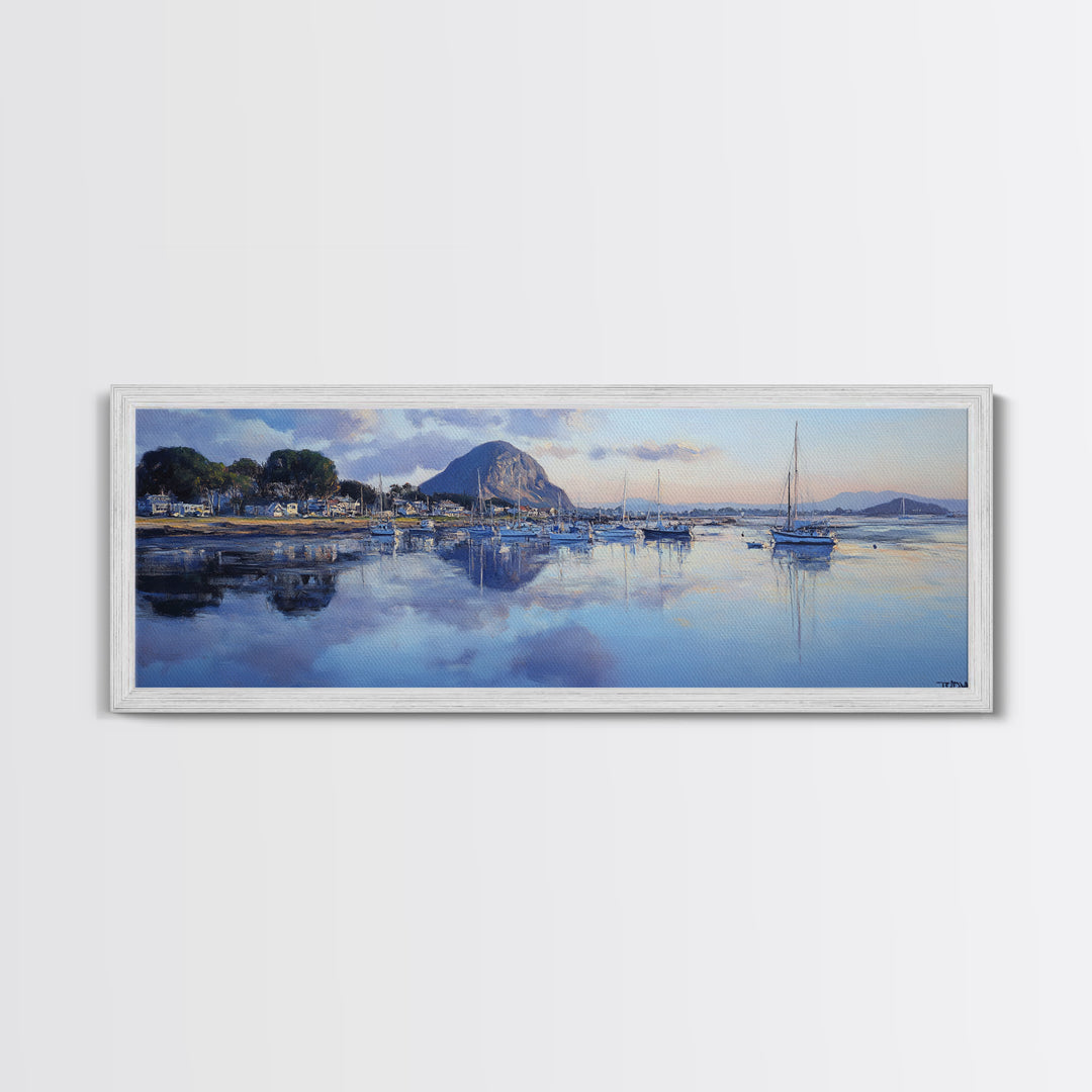 Panoramic Painting Print of Morro Bay California, Painting Morro Bay Framed Canvas Print, California Wall Art, Nautical Seascape Landscape Painting