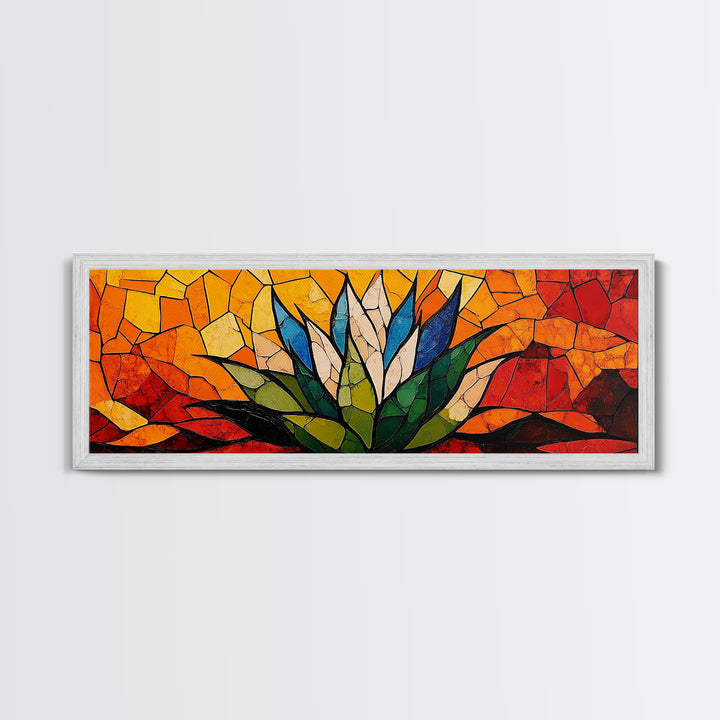 Stained Glass Style Blue Agave Wall Art Canvas Print, Mexicano Wall Art, Panoramic Southwestern Home Decor, Modern Farmhouse Rustic Art