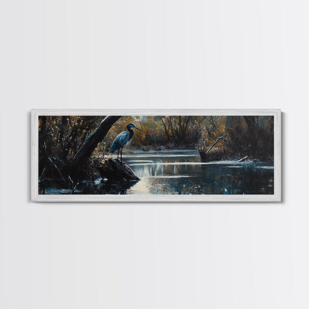 Blue Heron Wall Art, Framed Canvas Print, Nautical Home Decor, Blue Heron Painting, Panoramic Horizontal Wall Art