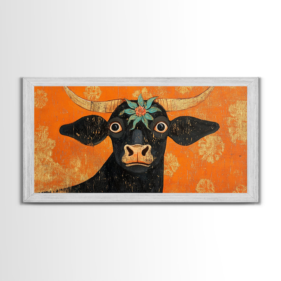 Abstract Wide Eyed Cow, Funny Art, Framed Canvas Print, Chicano Wall Art, Mexican Style Art, Farmhouse Decor, Cow Painting, Cow Print
